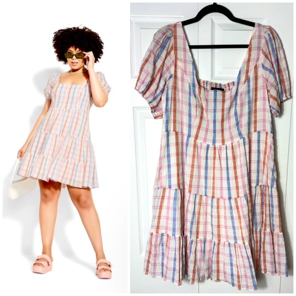 City Chic CCX Pastel Multi Color Pia Tiered Plaid Cotton Mini Dress Size 14 XL - Picture 1 of 7